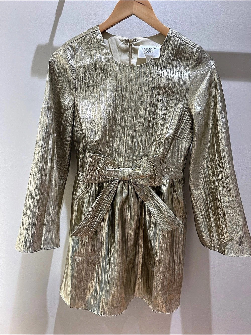 Hyacinth House Gold Plisse Carol Bow Mini Dress Small